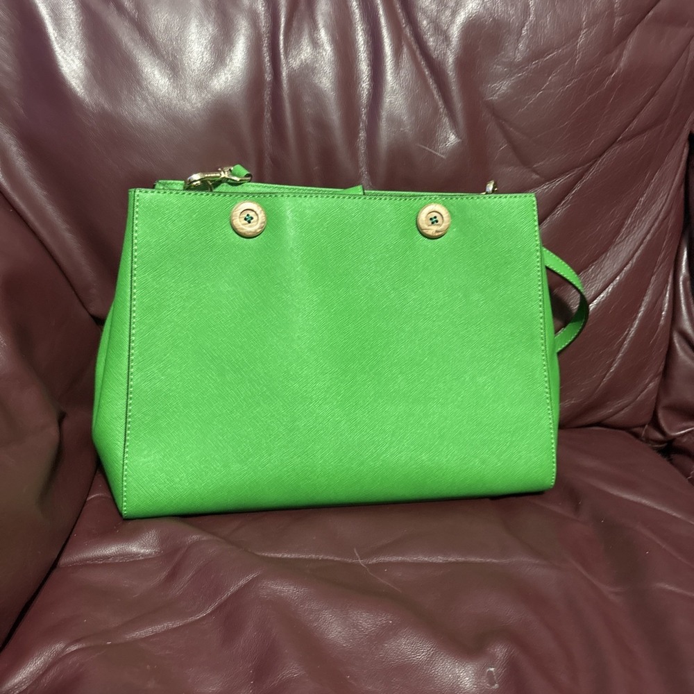 Michael Kors Bright Green Large Shoulder Crossbody Tote Bag w/ Brown Buttons‎ - Picture 3 of 10
